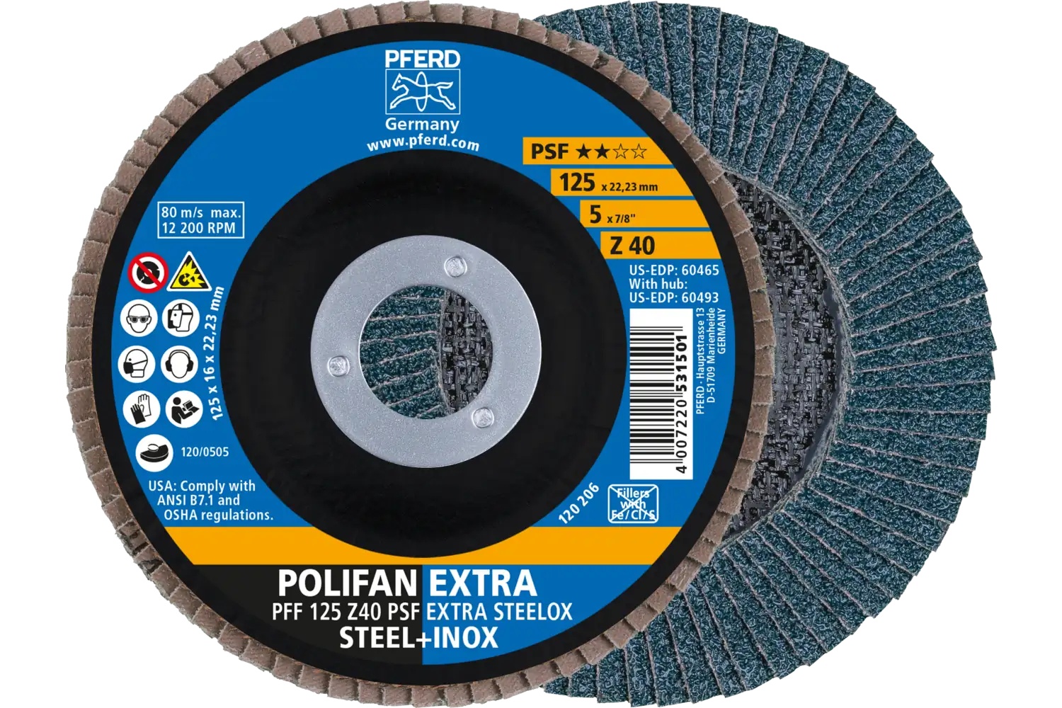 Picture of Pferd Flap Disc, 5" x 7/8, Z PSF Extra Steelox, 40 Grit, T27, Flat, Zirconia